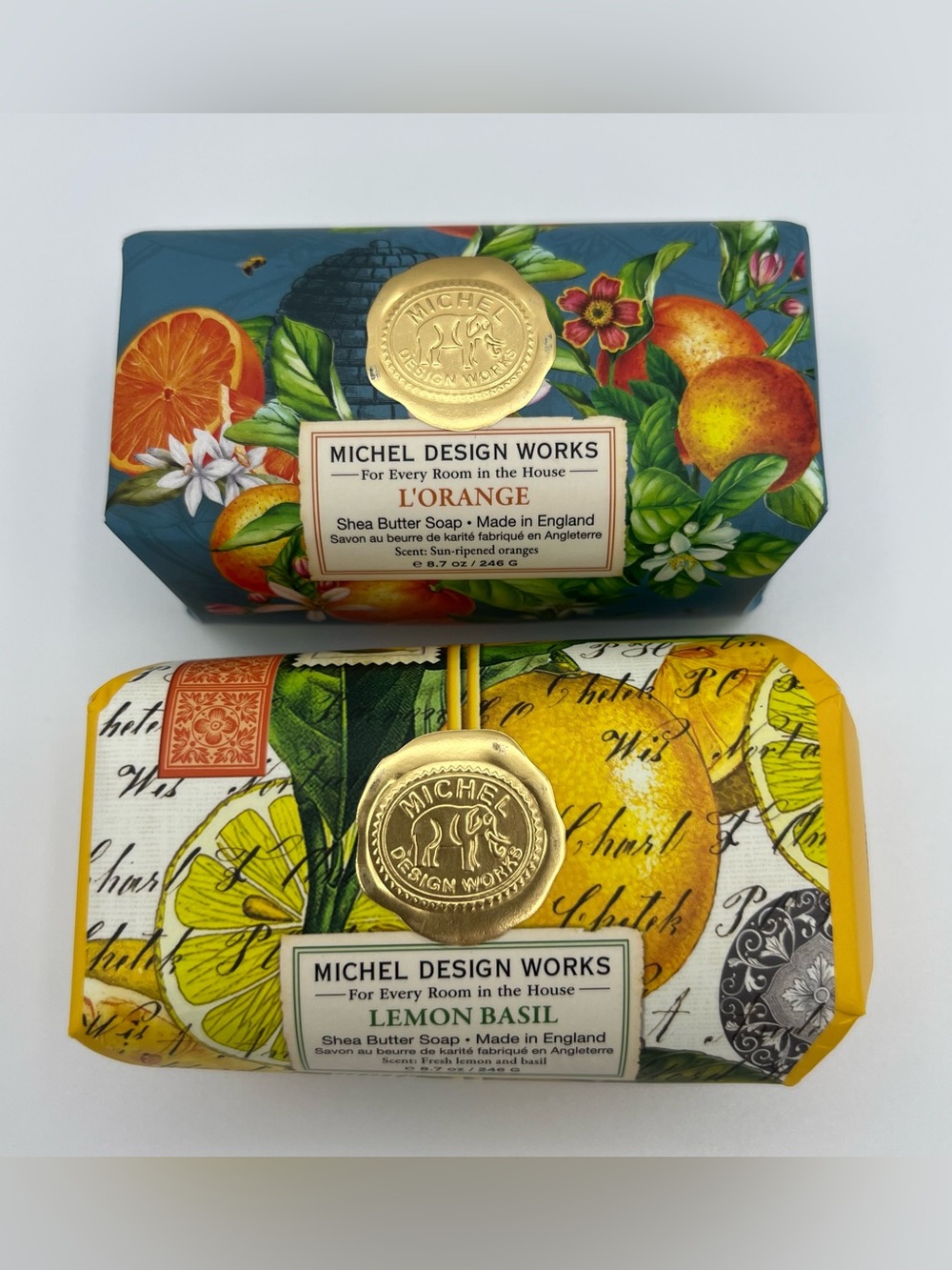Lot of 2 Michel Design Works Large 8.7oz Shea Bath Bar Soap Lemon Basil L’Orange